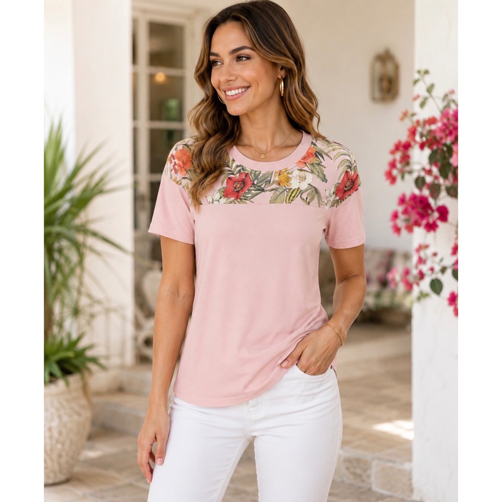 Rebecca Minkoff Womens Pink Tropical Floral Yoke Short Sleeve Boxy T-Shirt Large